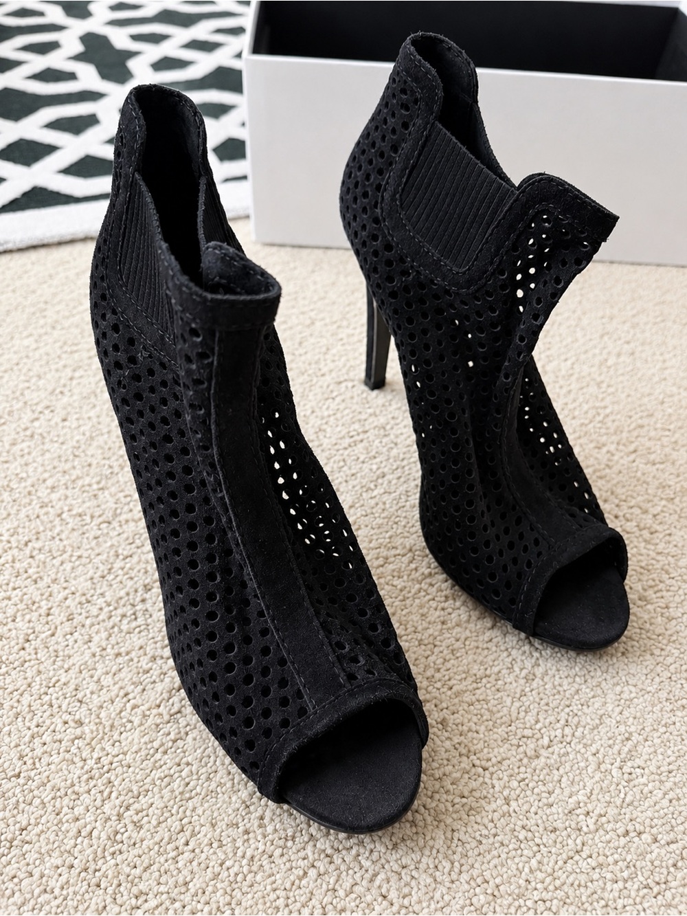 Pedro Garcia Black Perforated Peep-Toe Stiletto Booties
